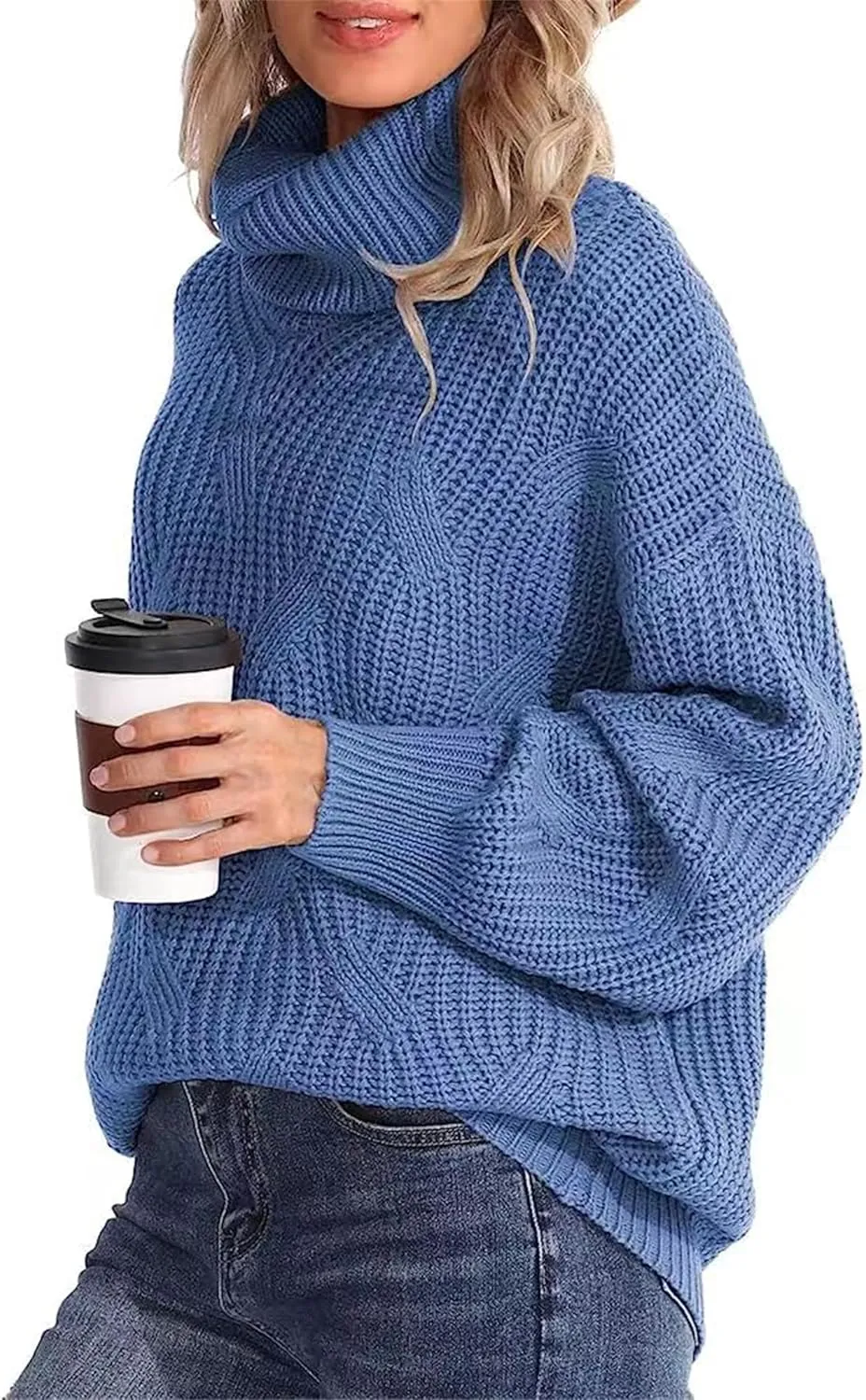 Womens Winter Fall Solid Turtleneck High Neck Sweaters Chunky Knit Loose Oversized Sweater Casual Pullover Jumper Tops