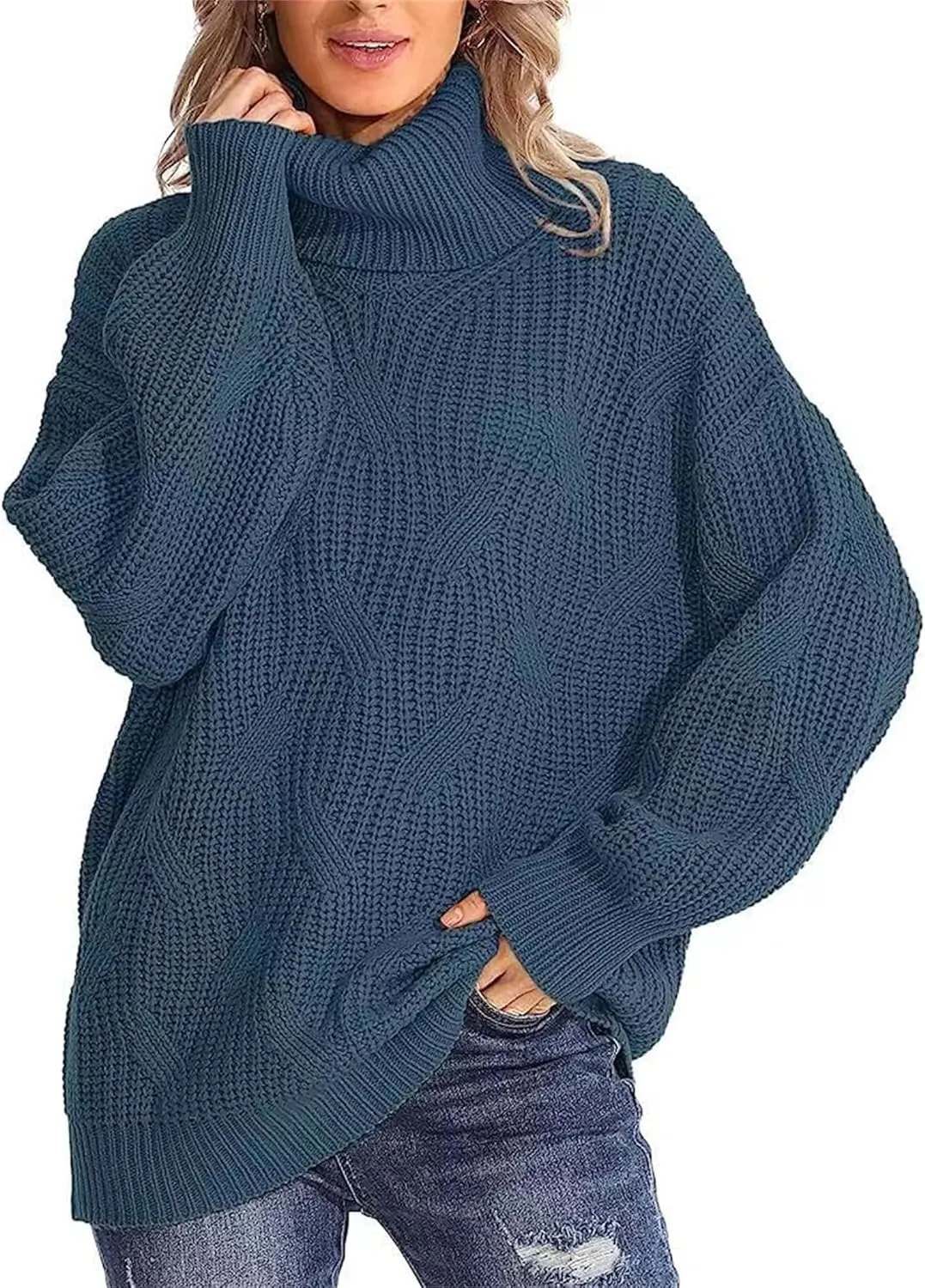 Womens Winter Fall Solid Turtleneck High Neck Sweaters Chunky Knit Loose Oversized Sweater Casual Pullover Jumper Tops
