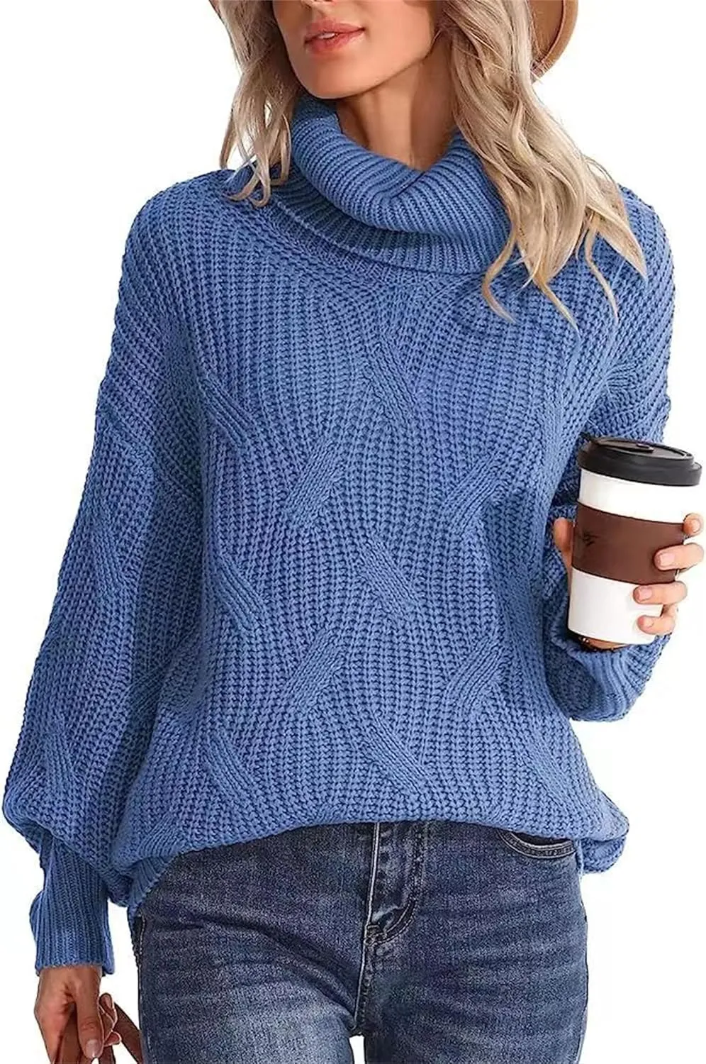 Womens Winter Fall Solid Turtleneck High Neck Sweaters Chunky Knit Loose Oversized Sweater Casual Pullover Jumper Tops