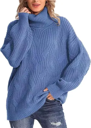 Womens Winter Fall Solid Turtleneck High Neck Sweaters Chunky Knit Loose Oversized Sweater Casual Pullover Jumper Tops