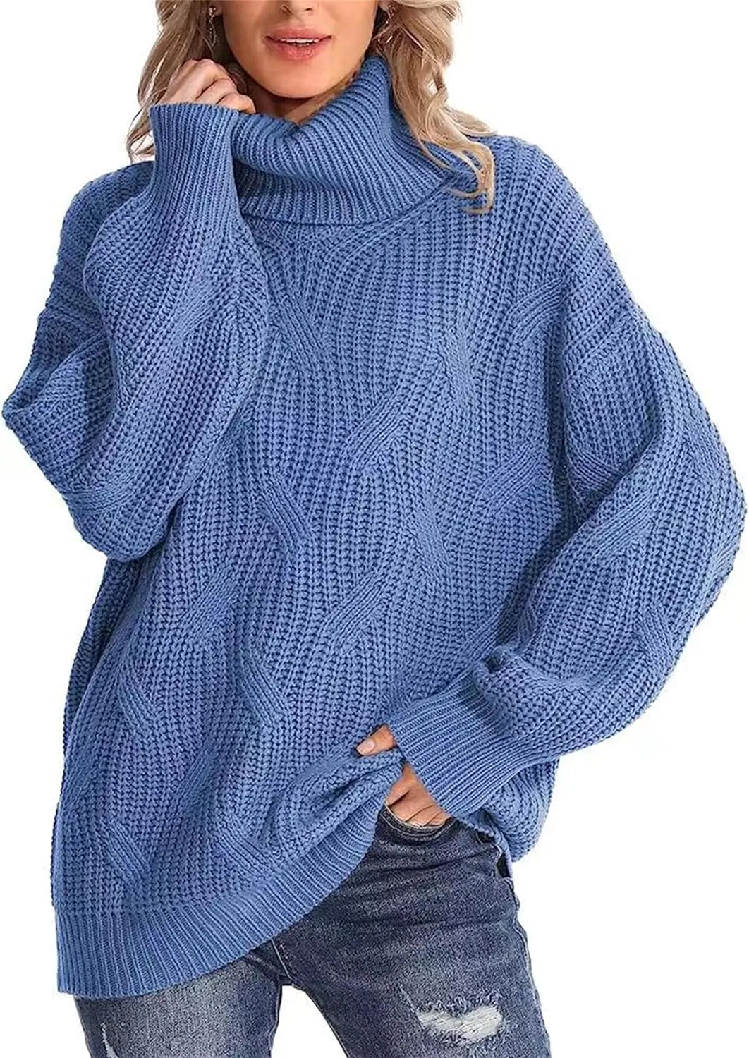 Womens Winter Fall Solid Turtleneck High Neck Sweaters Chunky Knit Loose Oversized Sweater Casual Pullover Jumper Tops