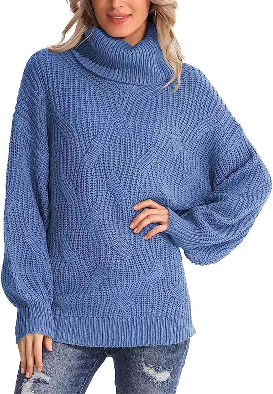 Womens Winter Fall Solid Turtleneck High Neck Sweaters Chunky Knit Loose Oversized Sweater Casual Pullover Jumper Tops