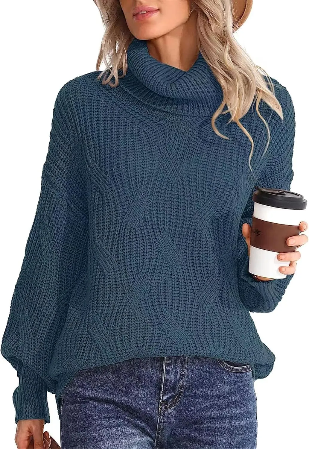Womens Winter Fall Solid Turtleneck High Neck Sweaters Chunky Knit Loose Oversized Sweater Casual Pullover Jumper Tops