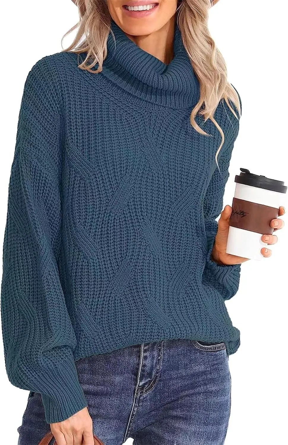 Womens Winter Fall Solid Turtleneck High Neck Sweaters Chunky Knit Loose Oversized Sweater Casual Pullover Jumper Tops