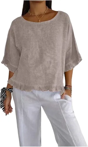 ZWRXW Women's Cotton Linen Tops Summer Babydoll Tops Short Sleeve Crew Neck T-Shirts Solid Color Crewneck Tee Tunic Shirts